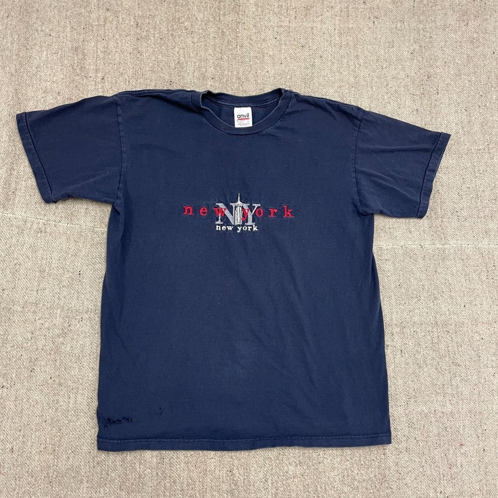 Vintage Embroidered City T Shirt Men Large Blue 1990s‎ Anvil
